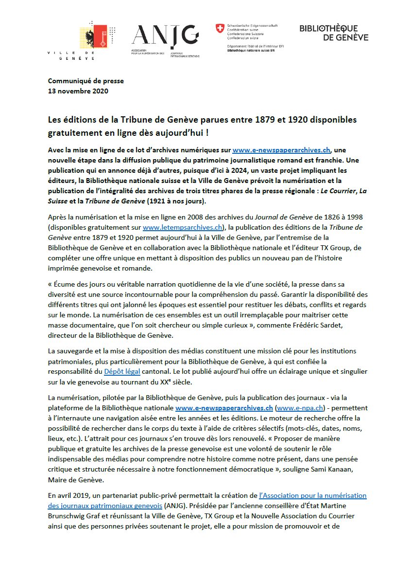 Communiqué 13.11.2020, Tribune de Genève